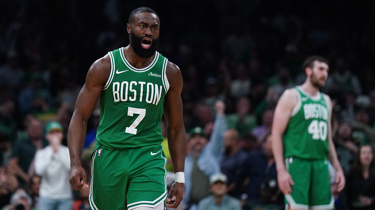 Boston Celtics guard Jaylen Brown (7) react after a play against the New York Knicks in the second quarter during game two of the second round for the 2025 NBA Playoffs at TD Garden.