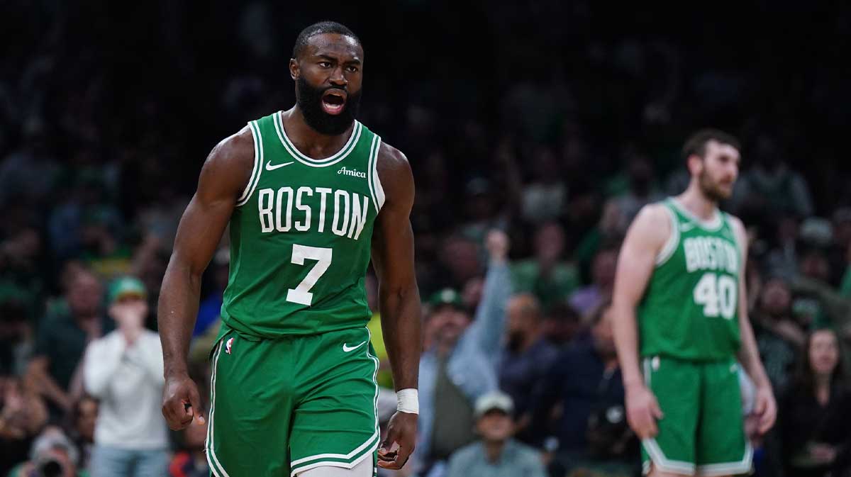 Boston Celtics guard Jaylen Brown (7) react after a play against the New York Knicks in the second quarter during game two of the second round for the 2025 NBA Playoffs at TD Garden.