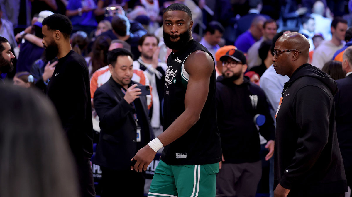 Boston Celtics guard Jaylen Brown (7) walks off the court after losing to the New York Knicks in game six in the second round of the 2025 NBA Playoffs at Madison Square Garden.