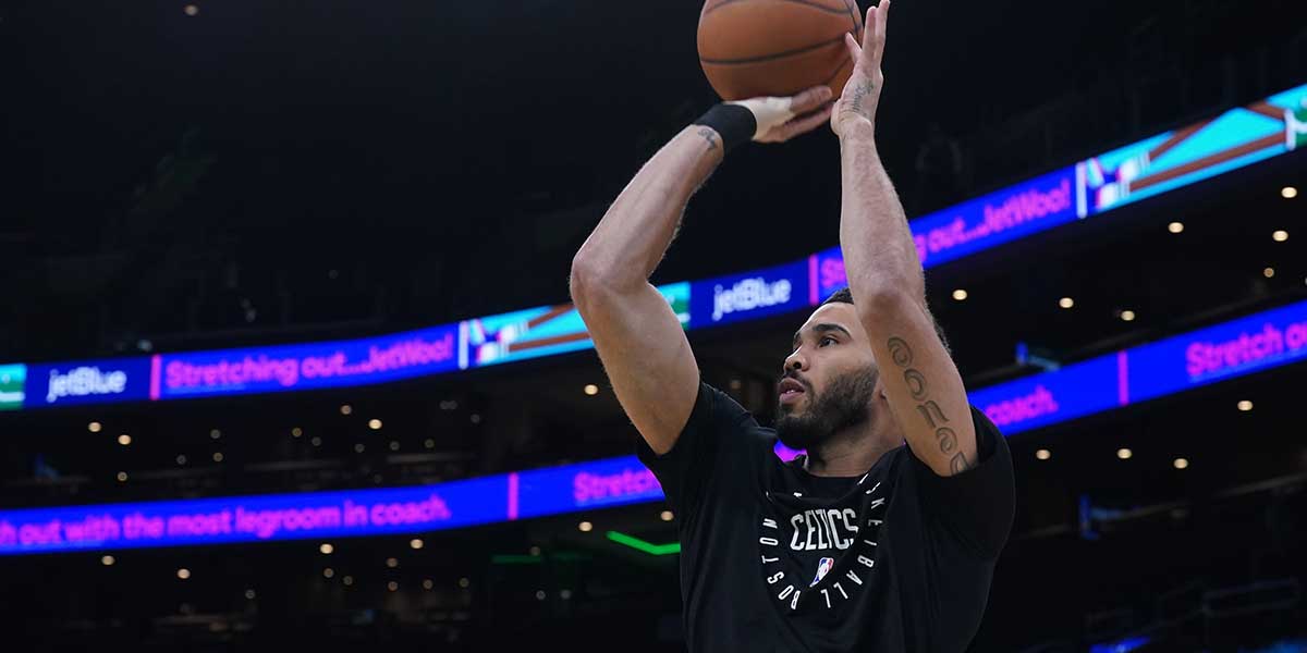 Boston Celtics forward Jayson Tatum (0) warms up before the start of game two of the second round for the 2025 NBA Playoffs against the New York Knicks at TD Garden.
