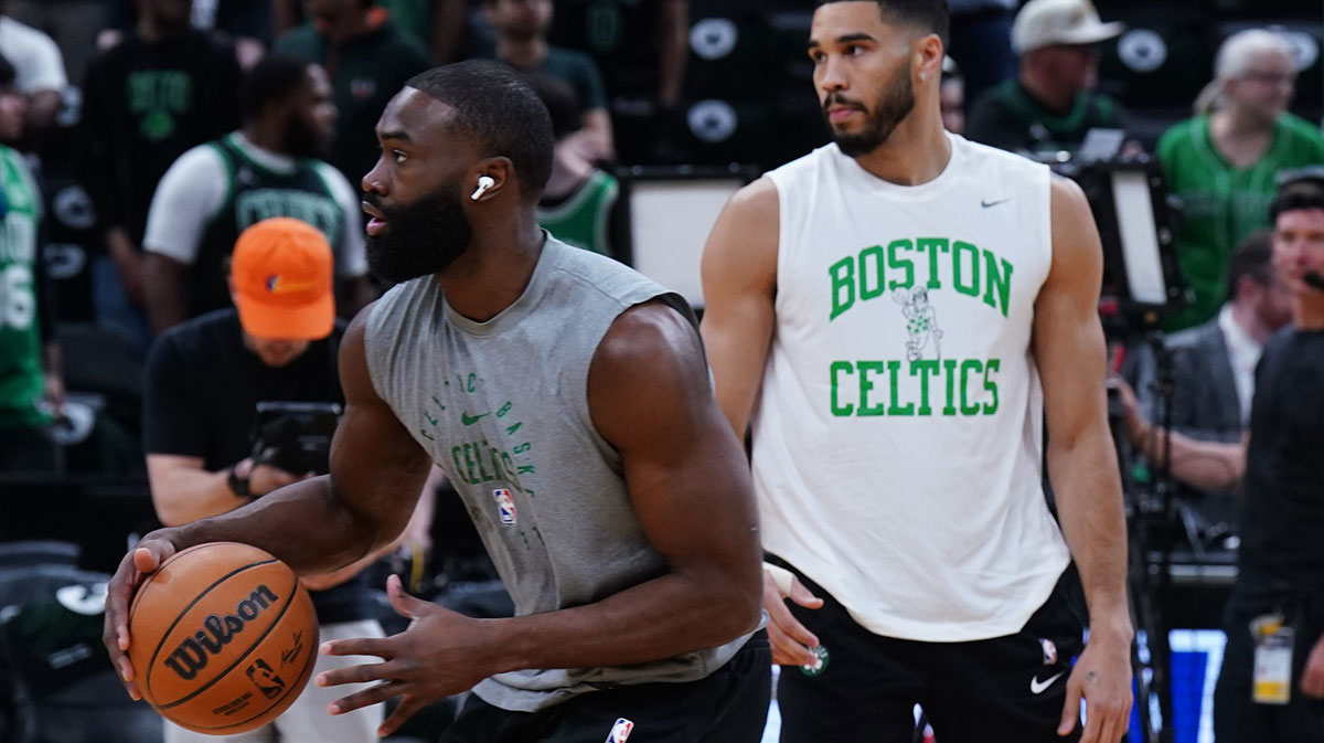 Boston Celtics guard Jaylen Brown (7) and forward Jayson Tatum (0) warm up before game five of first round for the 2025 NBA Playoffs against the Orlando Magic at TD Garden.