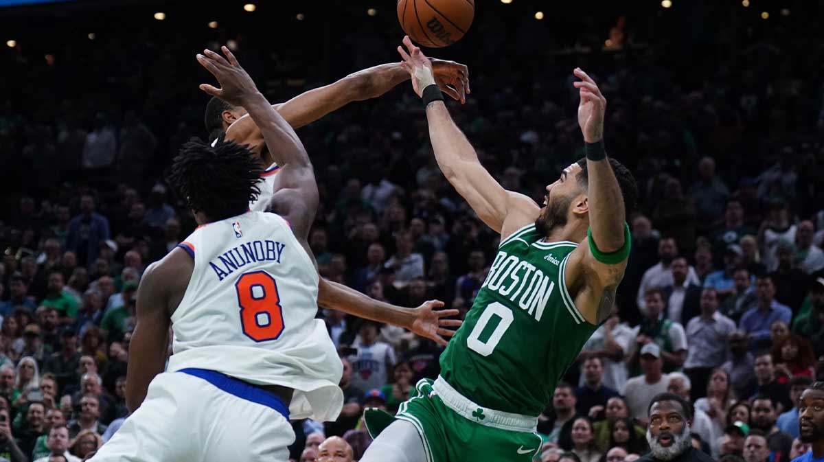 New York Knicks forward Mikal Bridges (25) defends against Boston Celtics forward Jayson Tatum (0) in the last seconds of the fourth quarter during game two of the second round for the 2025 NBA Playoffs at TD Garden.