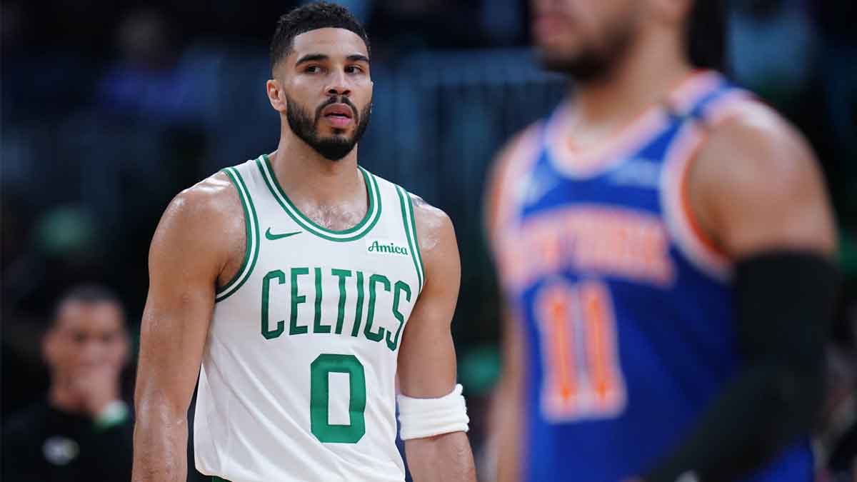 Boston Celtics forward Jayson Tatum (0) on the court against the New York Knicks in the third quarter during game one of the second round for the 2025 NBA Playoffs at TD Garden.