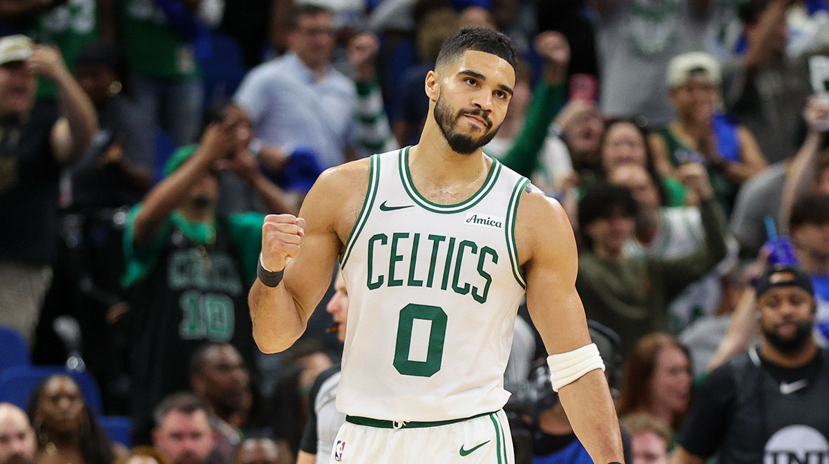 Boston Celtics forward Jayson Tatum (0) reacts after beating the Orlando Magic in game four of first round for the 2025 NBA Playoffs at Kia Center.