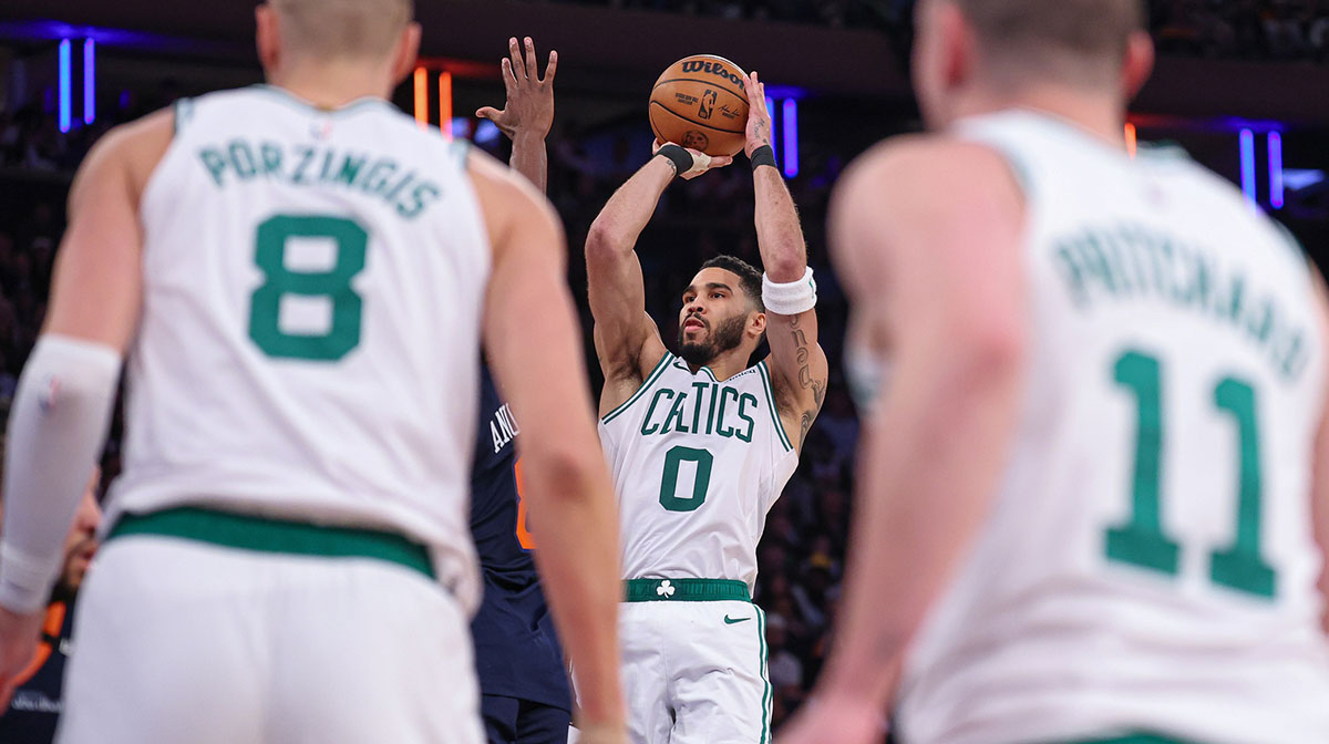Boston Celtics forward Jayson Tatum (0) shoots the ball in the second half during game four of the second round for the 2025 NBA Playoffs against the New York Knicks at Madison Square Garden.