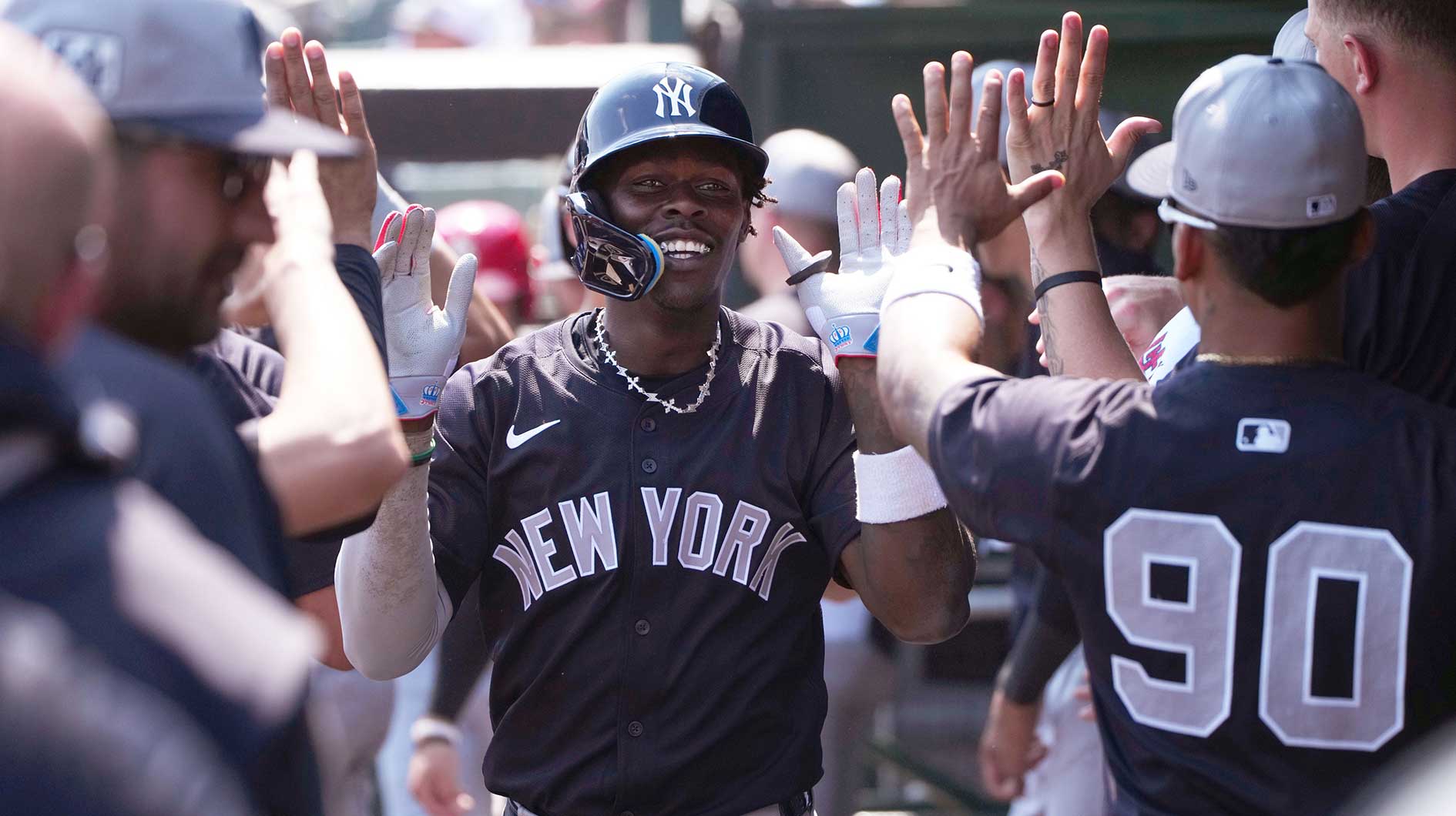 Mar 9, 2025; Jupiter, Florida, USA; New York Yankees second baseman Jazz Chisholm Jr. (13) celebrates hitting a two-run home run against the St. Louis Cardinals in the third inning at Roger Dean Chevrolet Stadium. Mandatory Credit: Jim Rassol-Imagn Images