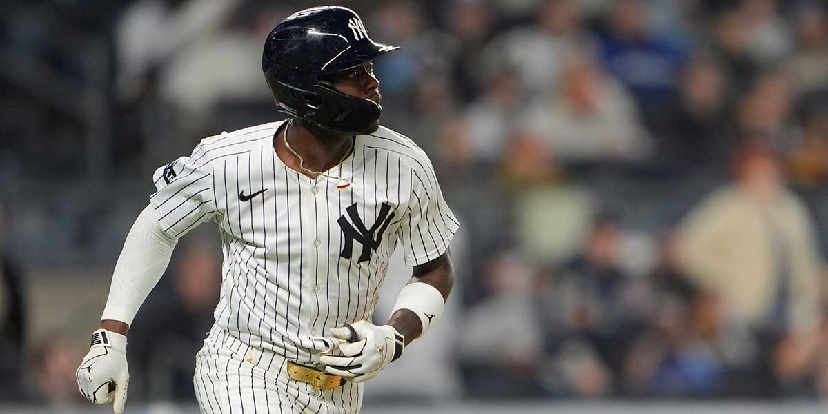New York Yankees second baseman Jazz Chisholm Jr. (13) rounds the bases after hitting a home run against the Kansas City Royals during the fourth inning at Yankee Stadium.
