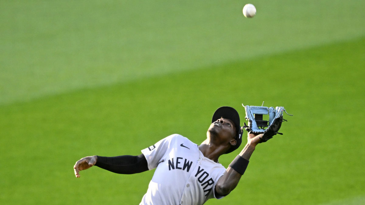 New York Yankees second baseman Jazz Chisholm Jr. (13) makes a catch in the fourth inning against the Cleveland Guardians at Progressive Field.