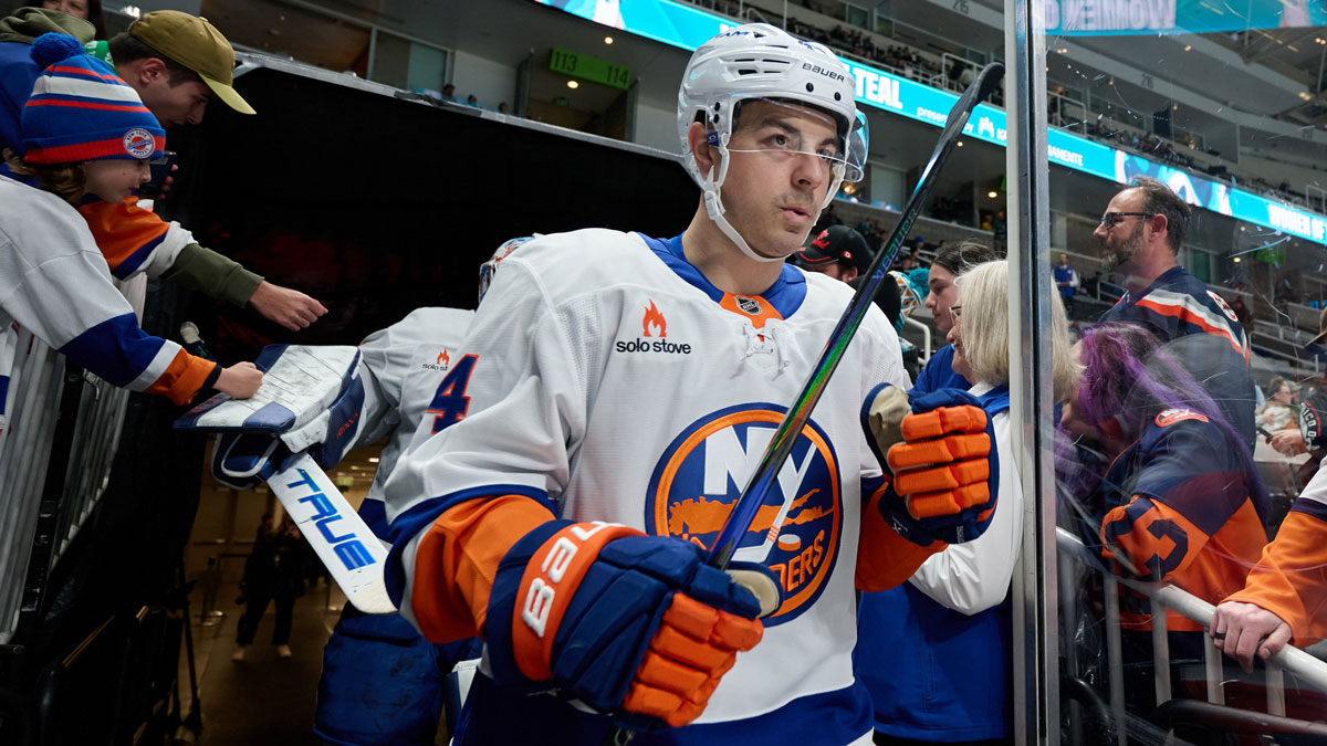 New York Islanders center Jean-Gabriel Pageau (44) walks to the ice for warmups before the game against the San Jose Sharks at SAP Center at San Jose.