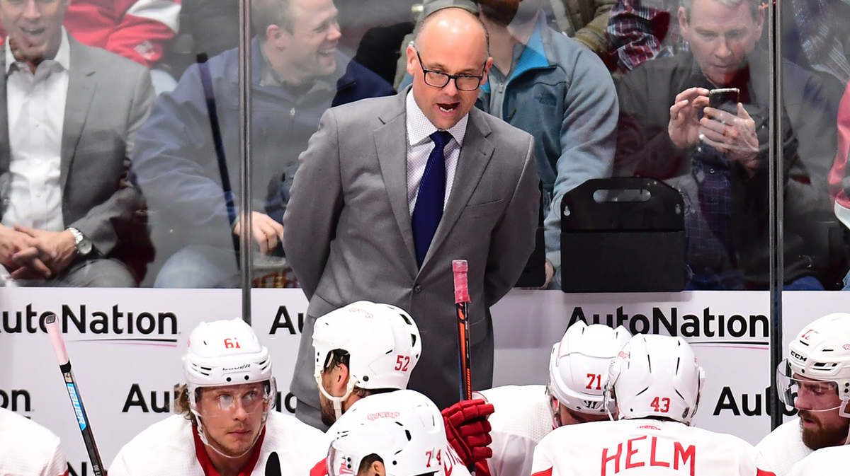 Detroit Red Wings head coach Jeff Blashill reacts during the second period against the Colorado Avalanche at the Pepsi Center.