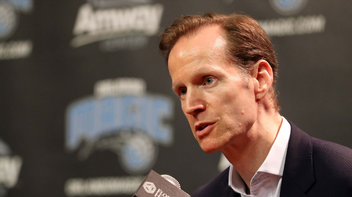 Orlando Magic president of basketball operations Jeff Weltman talks with media as he is introduced the new head coach during a press conference at Amway Center.