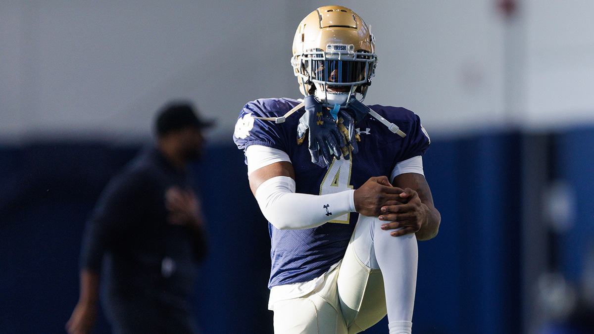 Notre Dame running back Jeremiyah Love during a Notre Dame football spring practice at Irish Athletic Center on Wednesday, March 26, 2025, in South Bend.