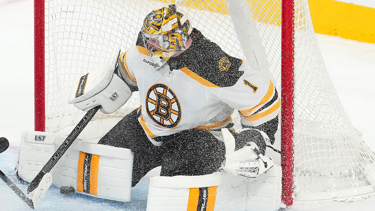 Boston Bruins goaltender Jeremy Swayman (1) makes a save against the Vegas Golden Knights during the third period at T-Mobile Arena. 