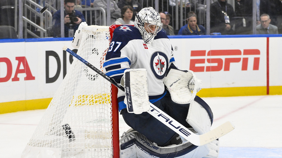 Winnipeg Jets goaltender Connor Hellebuyck (37) defends the net against the St. Louis Blues during the second period in game three of the first round of the 2025 Stanley Cup Playoffs at Enterprise Center.
