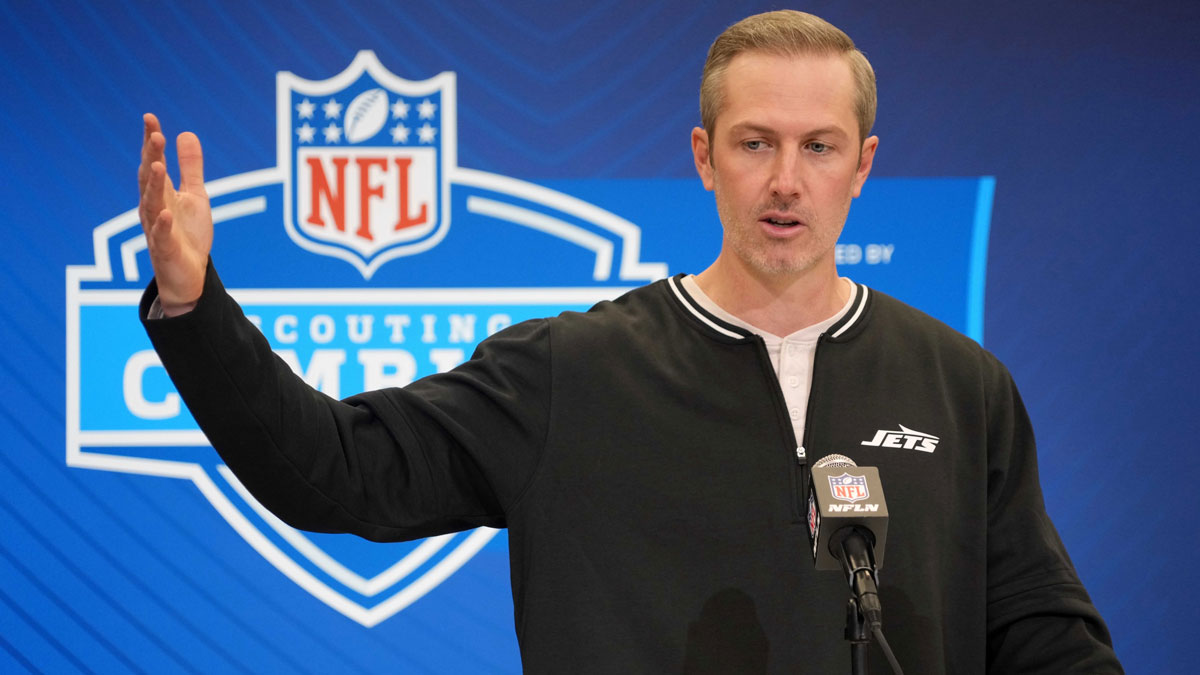 New York Jets general manager Darren Mougey speaks during the NFL Scouting Combine at the Indiana Convention Center.