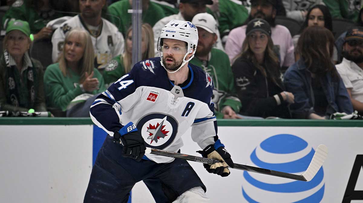 Winnipeg Jets defenseman Josh Morrissey (44) in action during the game between the Dallas Stars and the Winnipeg Jets in game three of the second round of the 2025 Stanley Cup Playoffs at American Airlines Center.