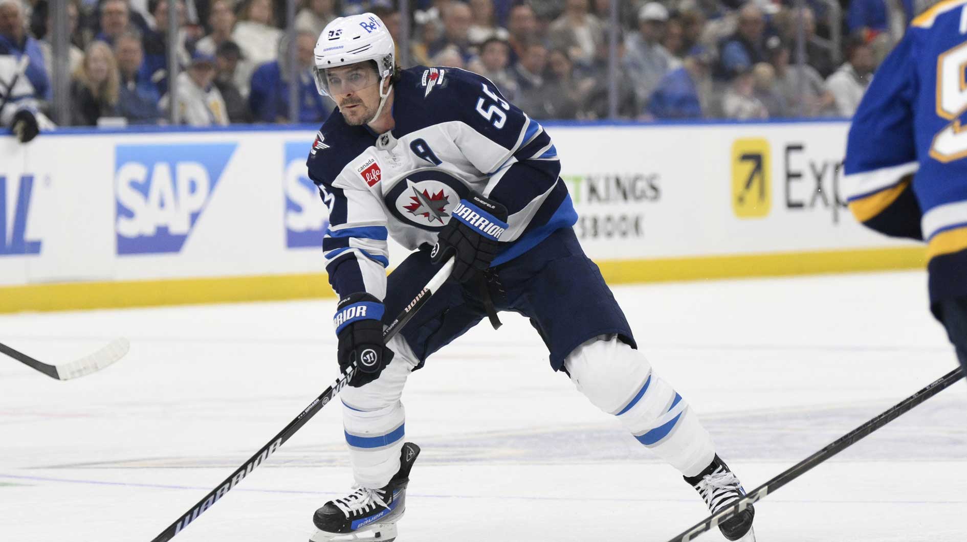 Winnipeg Jets center Mark Scheifele (55) skates against the St. Louis Blues during the first period in game four of the first round of the 2025 Stanley Cup Playoffs at Enterprise Center.