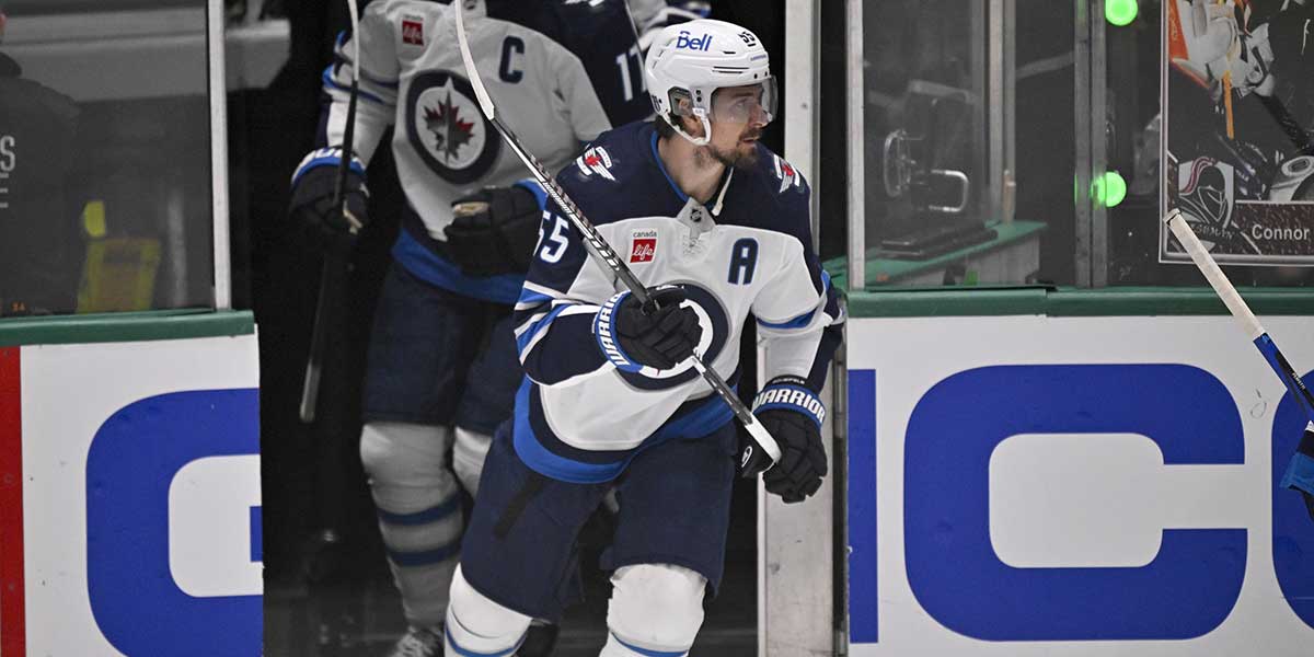Winnipeg Jets center Mark Scheifele (55) takes the ice to skate in warmups prior to the game against the Dallas Stars in game six of the second round of the 2025 Stanley Cup Playoffs at American Airlines Center.
