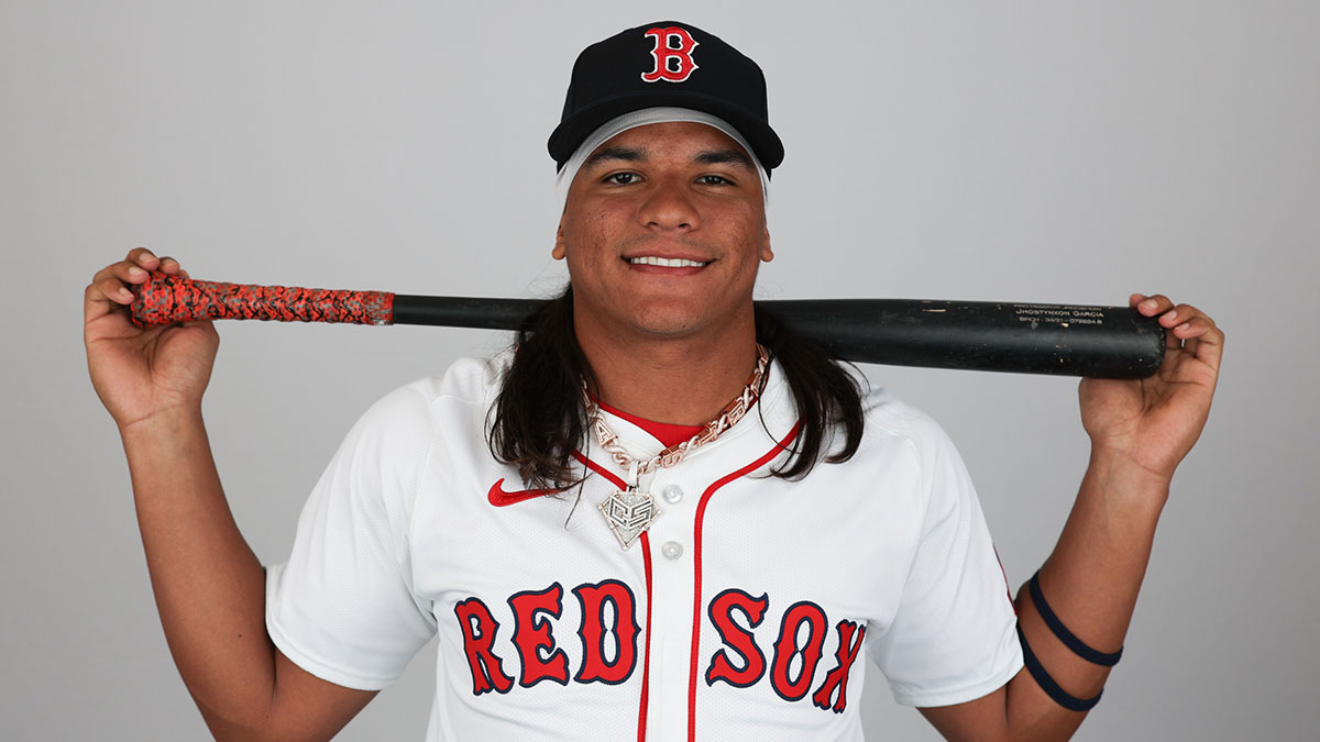 Feb 18, 2025; Lee County, FL, USA; Boston Red Sox outfielder Jhostynxon Garcia (91) participates in media day at JetBlue Park at Fenway South. Mandatory Credit: Nathan Ray Seebeck-Imagn Images