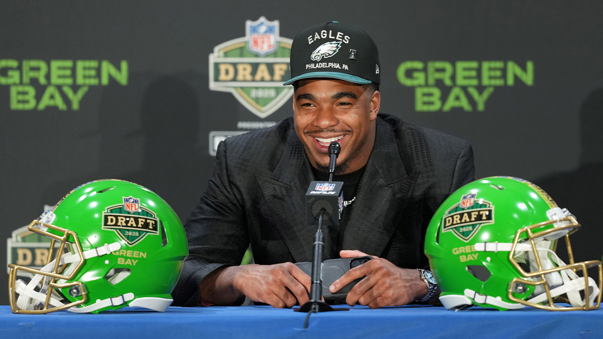 Jihaad Campbell speaks in a press conference after being selected by the Philadelphia Eagles as the number 31 pick in the first round of the 2025 NFL Draft at Lambeau Field.