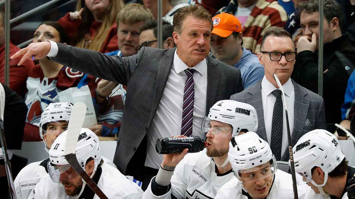 Los Angeles Kings head coach Jim Hiller in the first period against the Los Angeles Kings at Ball Arena.