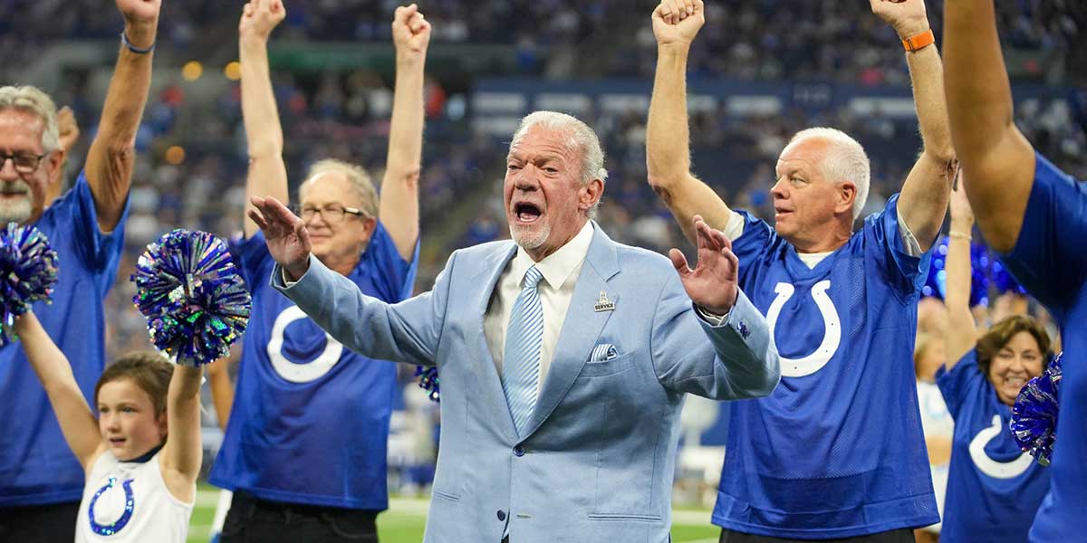 Jim Irsay, Colts owner, participates in a special grandparents event on a halftime performance by Colts Junior Cheer, during a break in action against the Los Angeles Rams at Indianapolis Colts, on Sunday, Oct. 1, 2023, at Lucas Oil Stadium in Indianapolis.