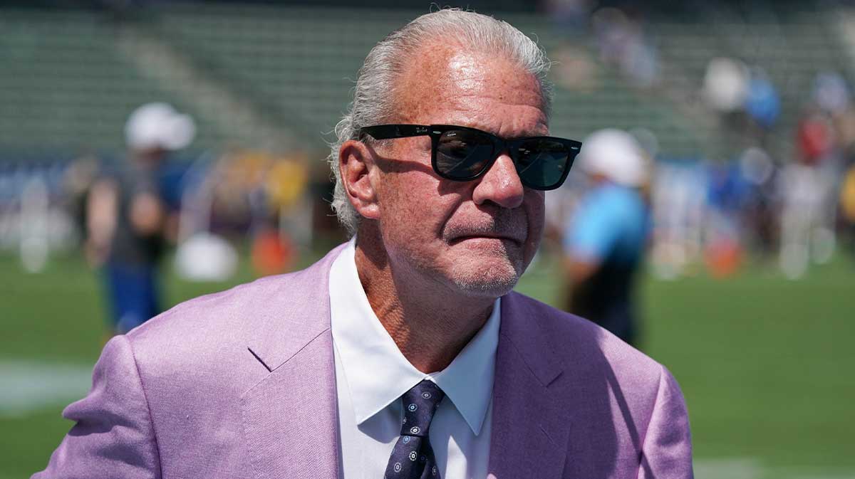 Sep 8, 2019; Carson, CA, USA; Indianapolis Colts owner Jim Irsay on the field prior to the game against the Los Angeles Chargers at Dignity Health Sports Park.