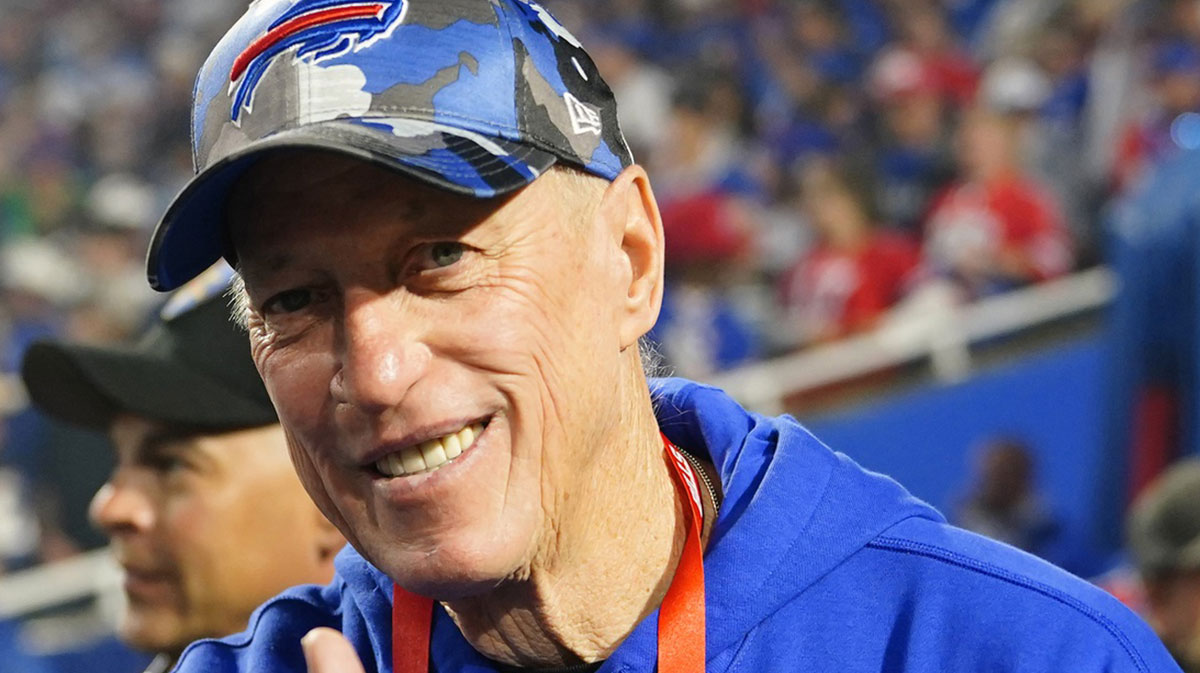 Sep 23, 2024; Orchard Park, New York, USA; Hall of Fame former Buffalo Bills quarterback Jim Kelly before kickoff between the Jacksonville Jaguars and Bills at Highmark Stadium. Mandatory Credit: Gregory Fisher-Imagn Images