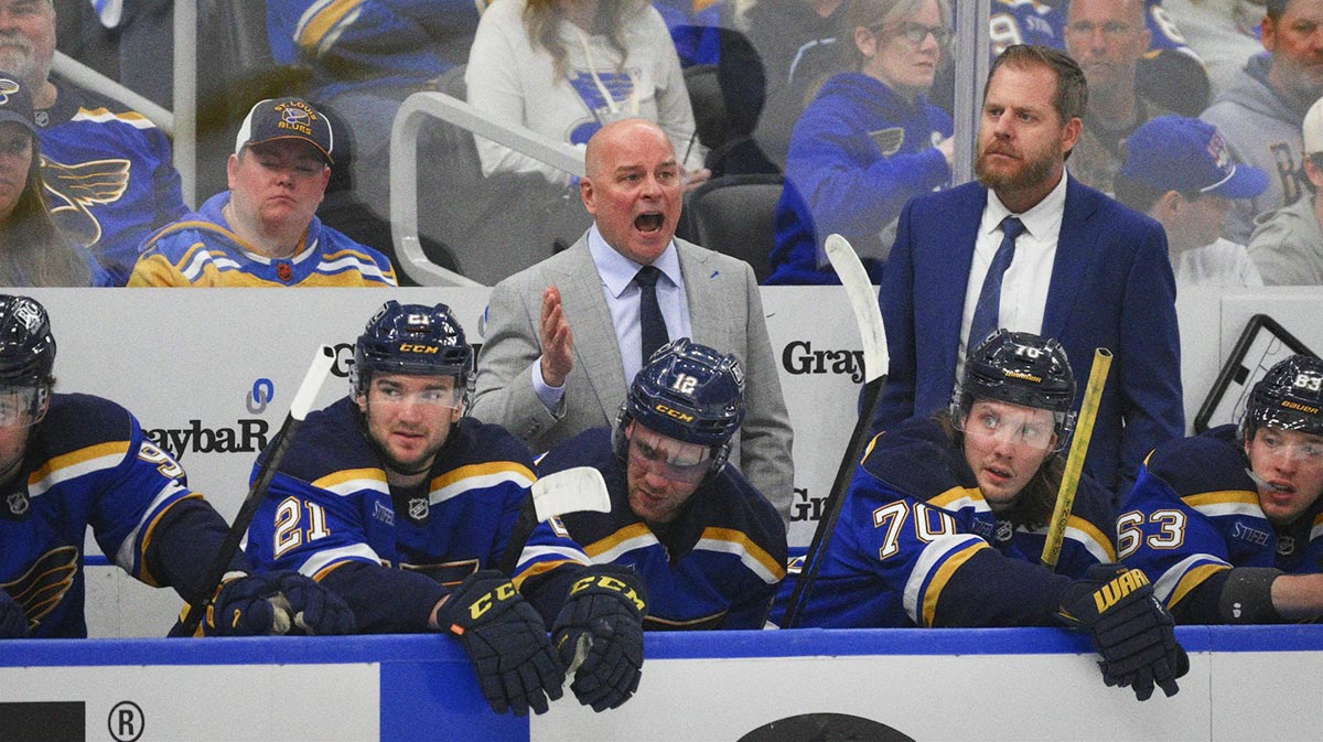 St. Louis Blues head coach Jim Montgomery reacts after a call during the first period against the Winnipeg Jets in game four of the first round of the 2025 Stanley Cup Playoffs at Enterprise Center.