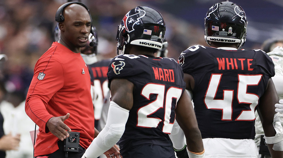 Houston Texans head coach DeMeco Ryans celebrates Houston Texans safety Jimmie Ward (20) (not pictured) defensive play against the Tennessee Titans in the fourth quarter at NRG Stadium.