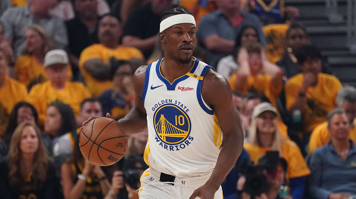Golden State Warriors forward Jimmy Butler III (10) dribbles upcourt against the Minnesota Timberwolves in the first quarter during game three of the second round for the 2025 NBA Playoffs at Chase Center.