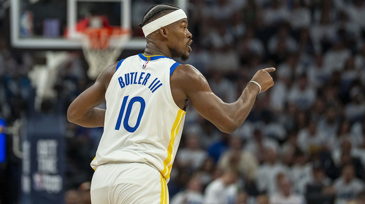 Golden State Warriors forward Jimmy Butler III (10) reacts after making a shot against the Minnesota Timberwolves in the second half during game two of the second round for the 2025 NBA Playoffs at Target Center.