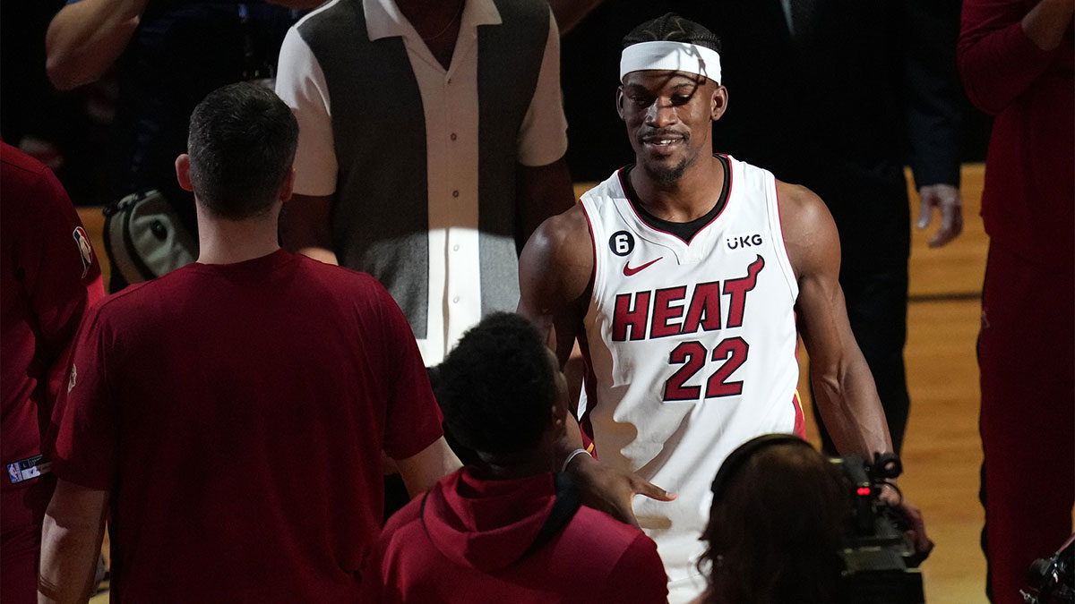 Miami Heat forward Jimmy Butler (22) before game three of the 2023 NBA Finals against the Denver Nuggets at Kaseya Center.