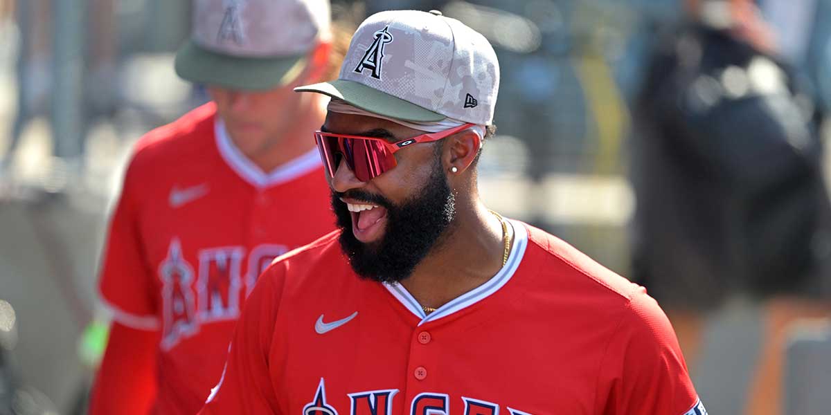 Los Angeles Angels right fielder Jo Adell (7) celebrates after the final out of the ninth inning against the Los Angeles Dodgers at Dodger Stadium.