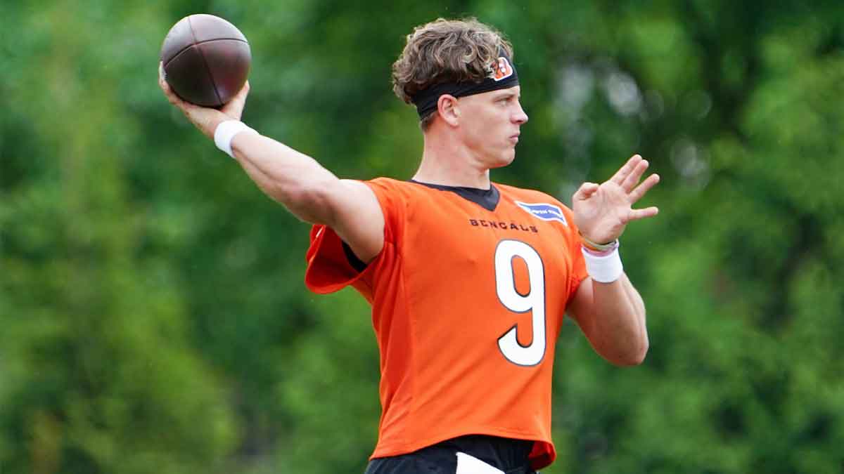 Cincinnati Bengals quarterback Joe Burrow (9) runs through drills during practice, Tuesday, May 13, 2025, at Kettering Health Practice Fields in Downtown Cincinnati.