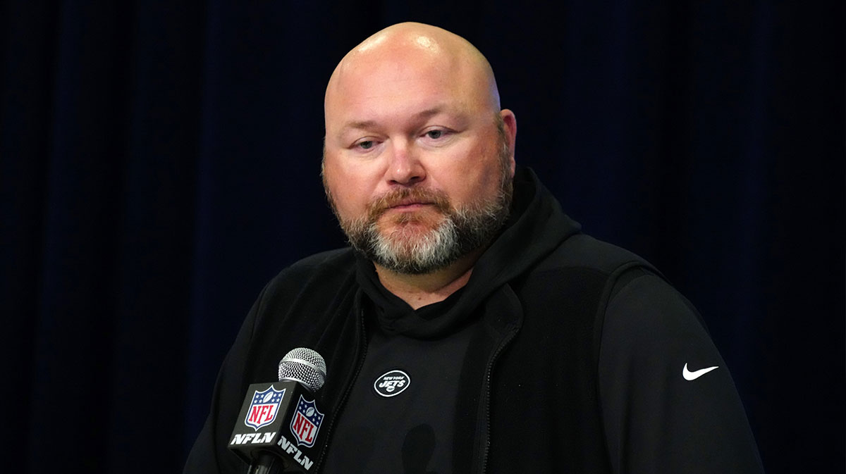 New York Jets general manager Joe Douglas speaks at a press conference at the NFL Scouting Combine at Indiana Convention Center