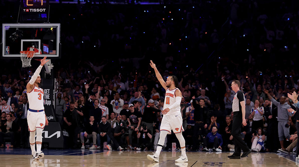 New York Knicks guard Jalen Brunson (11) celebrates his three point shot against the Boston Celtics with guard Josh Hart (3) during the fourth quarter of game six in the second round of the 2025 NBA Playoffs at Madison Square Garden.