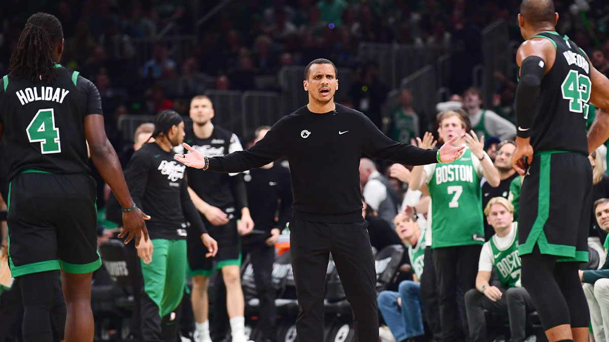 Boston Celtics head coach Joe Mazzulla reacts after a foul in the first half during game five of the second round for the 2025 NBA Playoffs against the New York Knicks at TD Garden.