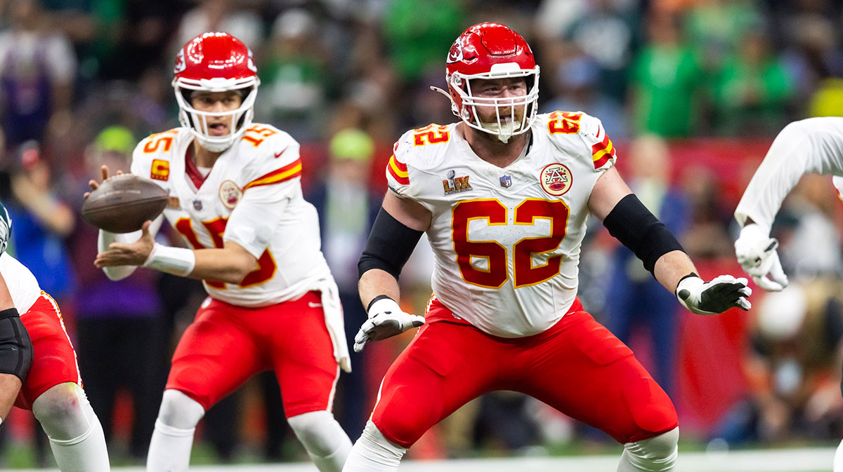 Kansas City Chiefs guard Joe Thuney (62) blocks for quarterback Patrick Mahomes (15) against the Philadelphia Eagles in Super Bowl LIX at Ceasars Superdome.