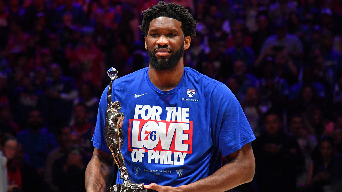 NBA Philadelphia 76ers center Joel Embiid (21) poses with the MVP trophy before game three of the 2023 NBA playoffs against the Boston Celtics at Wells Fargo Center.