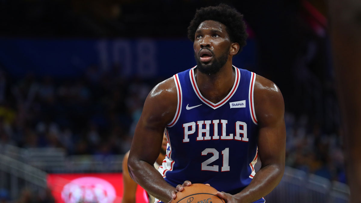 Philadelphia 76ers center Joel Embiid (21) shoots a free throw during the first quarter at Amway Center.