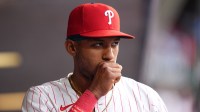 Philadelphia Phillies outfielder Johan Rojas (23) looks on before the game against the St. Louis Cardinals at Citizens Bank Park.