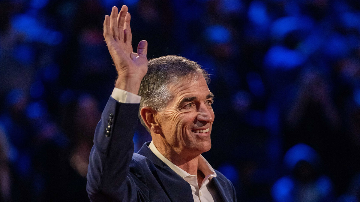 NBA great John Stockton is honored for being selected to the NBA 75th Anniversary Team during halftime in the 2022 NBA All-Star Game at Rocket Mortgage FieldHouse.