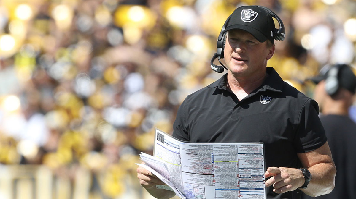 Las Vegas Raiders head coach Jon Gruden looks on from the sidelines against the Pittsburgh Steelers
