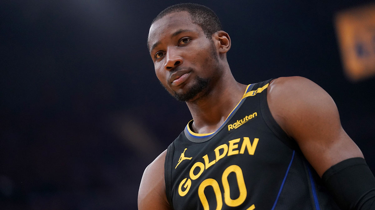 Golden State Warriors forward Jonathan Kuminga (00) stands on the court before a play against the Minnesota Timberwolves in the second quarter during game four of the second round for the 2025 NBA Playoffs at Chase Center.