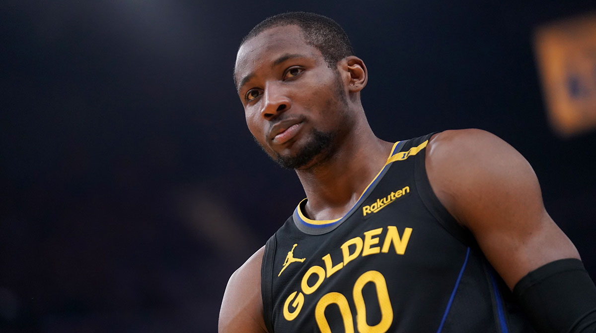 Golden State Warriors forward Jonathan Kuminga (00) stands on the court before a play against the Minnesota Timberwolves in the second quarter during game four of the second round for the 2025 NBA Playoffs at Chase Center.