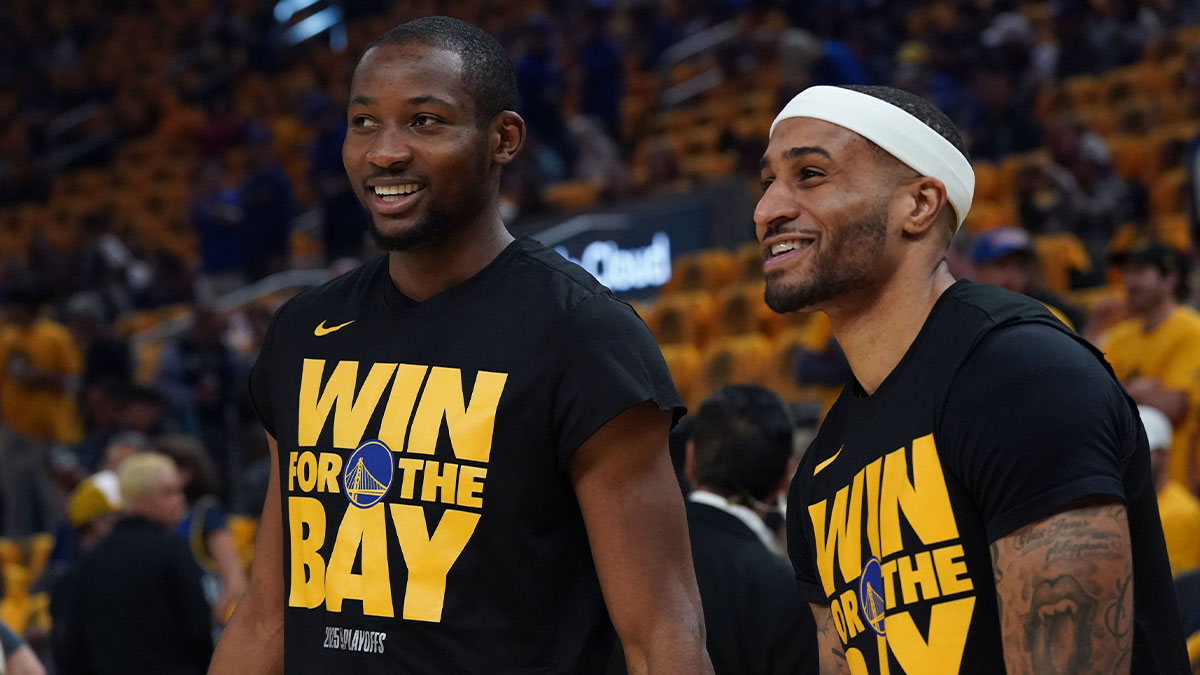 Golden State Warriors forward Jonathan Kuminga (00) and guard Gary Payton II (0) warm up before game three of the second round for the 2025 NBA Playoffs against the Minnesota Timberwolves at Chase Center.