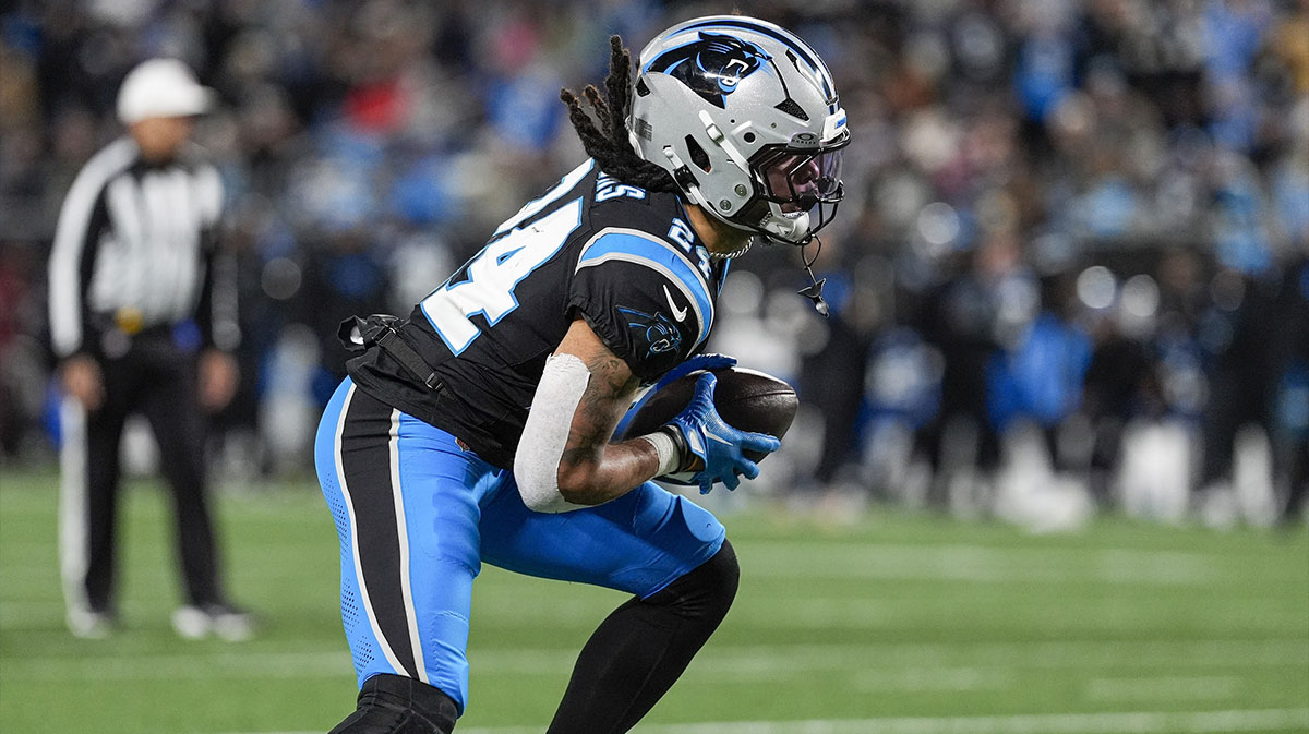 Carolina Panthers running back Jonathon Brooks (24) cuts on a run play against the Tampa Bay Buccaneers during the second half at Bank of America Stadium