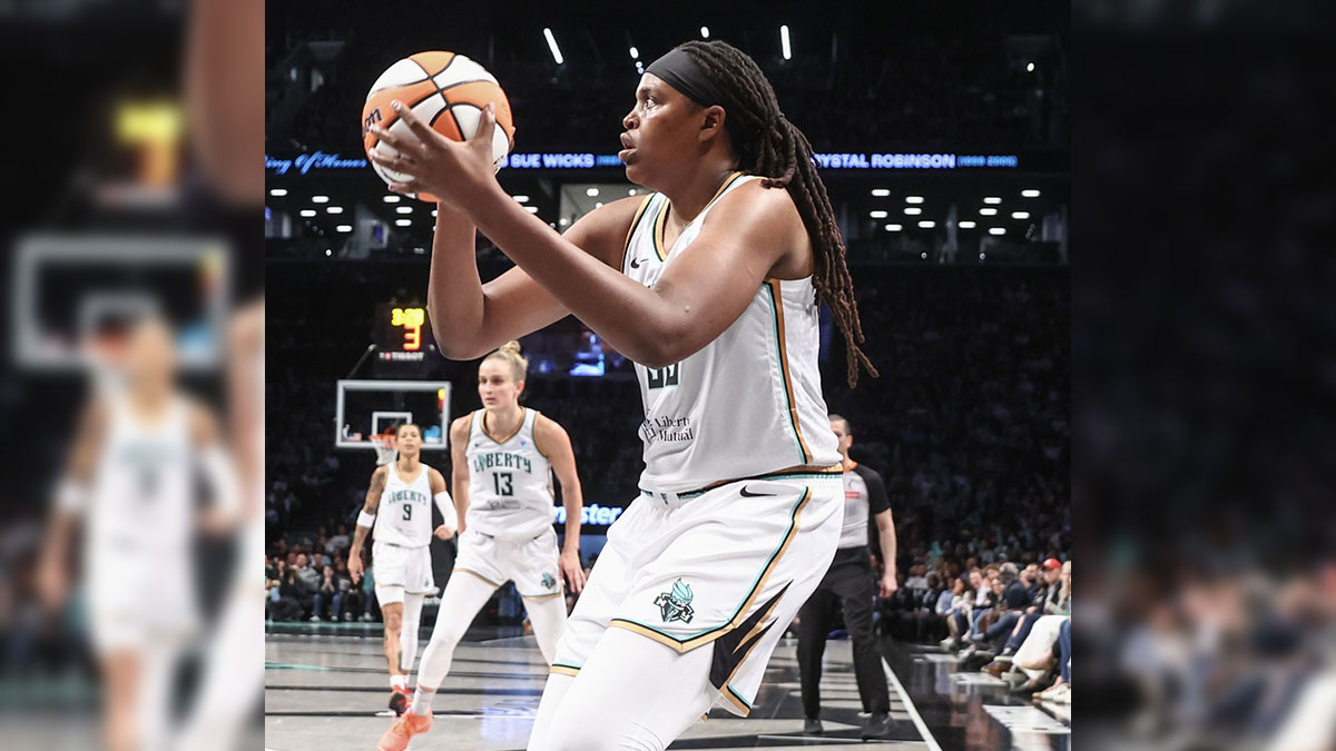 May 27, 2025; Brooklyn, New York, USA; New York Liberty center Jonquel Jones (35) takes a three point shot in the third quarter against the Golden State Valkyries at Barclays Center. Mandatory Credit: Wendell Cruz-Imagn Images
