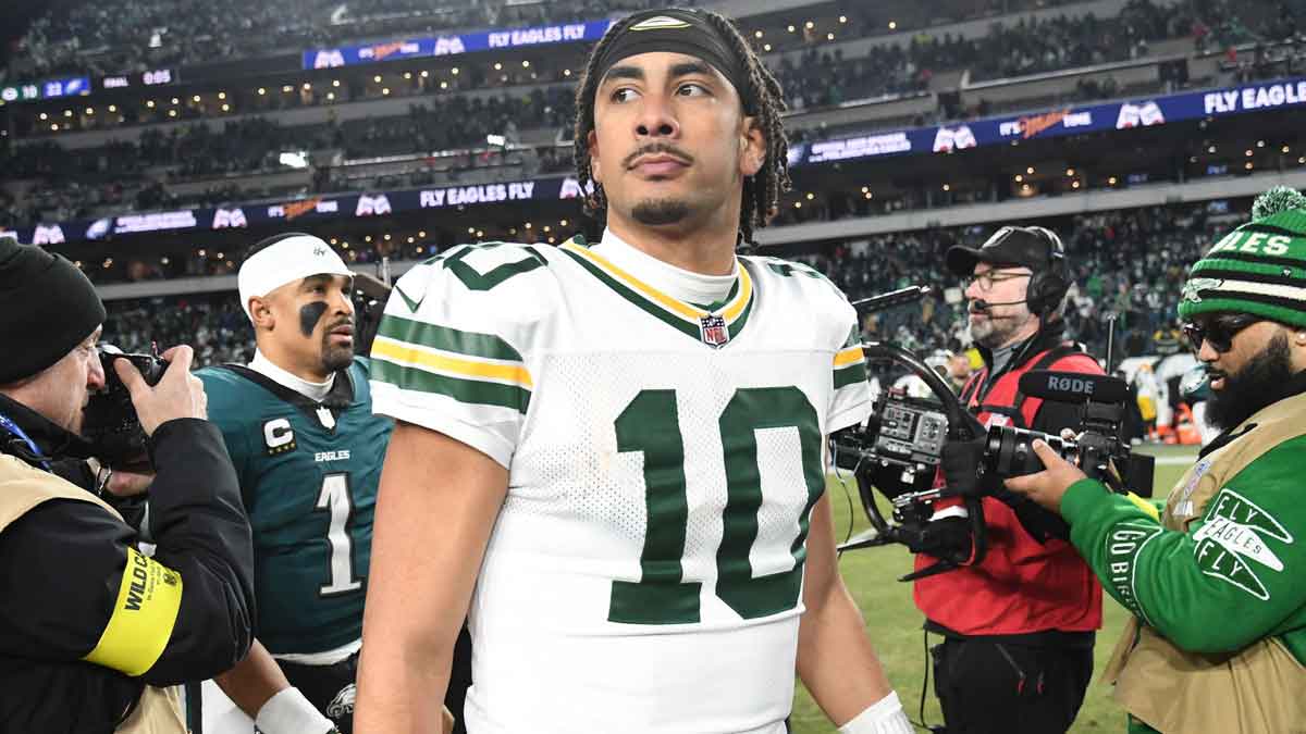 Green Bay Packers quarterback Jordan Love (10) reacts after the game against the Philadelphia Eagles in an NFC wild card game at Lincoln Financial Field.